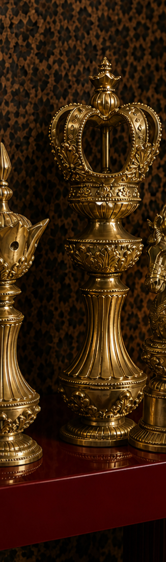 A sculptural set of oversized chess figures, cast in pure brass and finished by hand — the crowned King, the poised Bishop, and the spirited Knight, each rendered with intricate detail from the fluted columns to the ornate crown and flowing mane. 