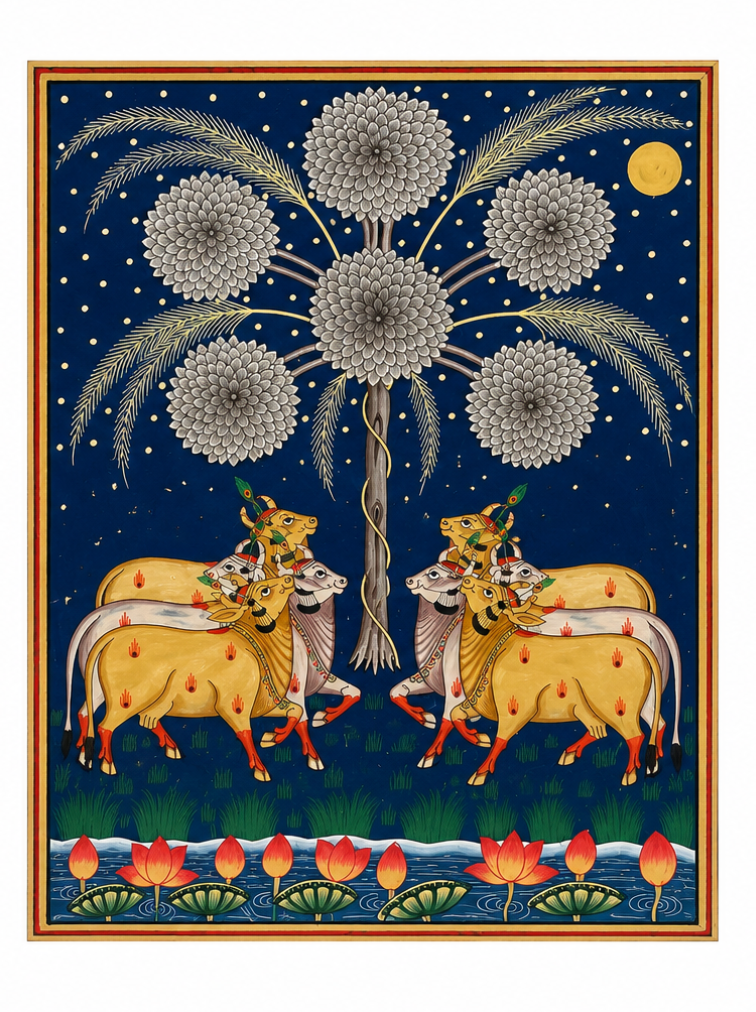 Born over four centuries ago in the temple town of Nathdwara, Rajasthan, Pichvai (from the Sanskrit pichh, "back," and wai, "hanging") are devotional paintings created to hang behind the idol of Shrinathji — Lord Krishna in his beloved child form. 
