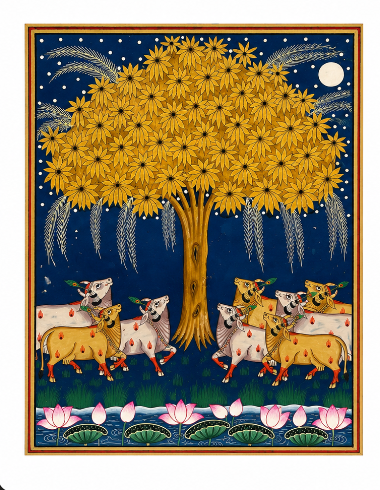 Born over four centuries ago in the temple town of Nathdwara, Rajasthan, Pichvai (from the Sanskrit pichh, "back," and wai, "hanging") are devotional paintings created to hang behind the idol of Shrinathji — Lord Krishna in his beloved child form. 