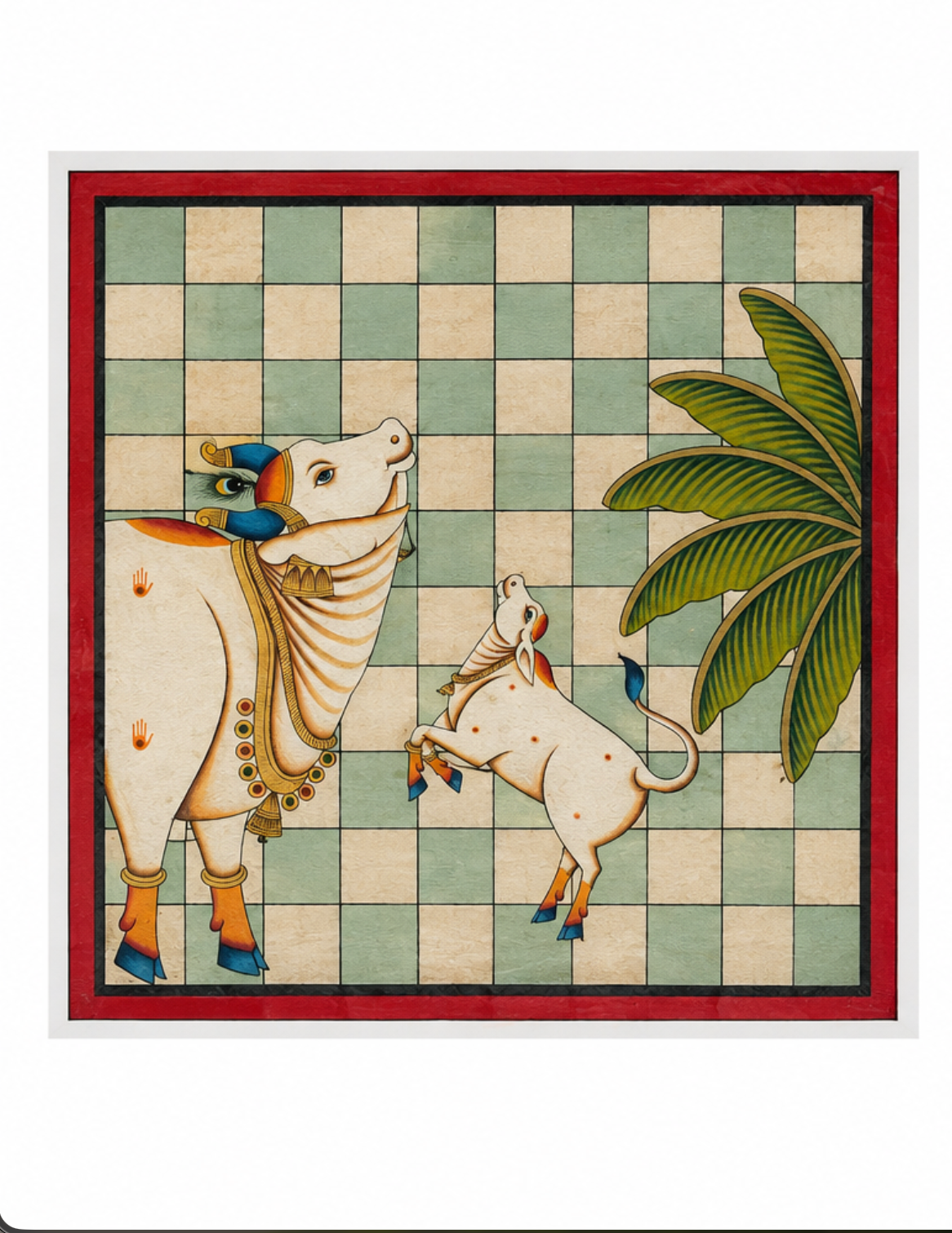 Born over four centuries ago in the temple town of Nathdwara, Rajasthan, Pichvai (from the Sanskrit pichh, "back," and wai, "hanging") are devotional paintings created to hang behind the idol of Shrinathji — Lord Krishna in his beloved child form. 