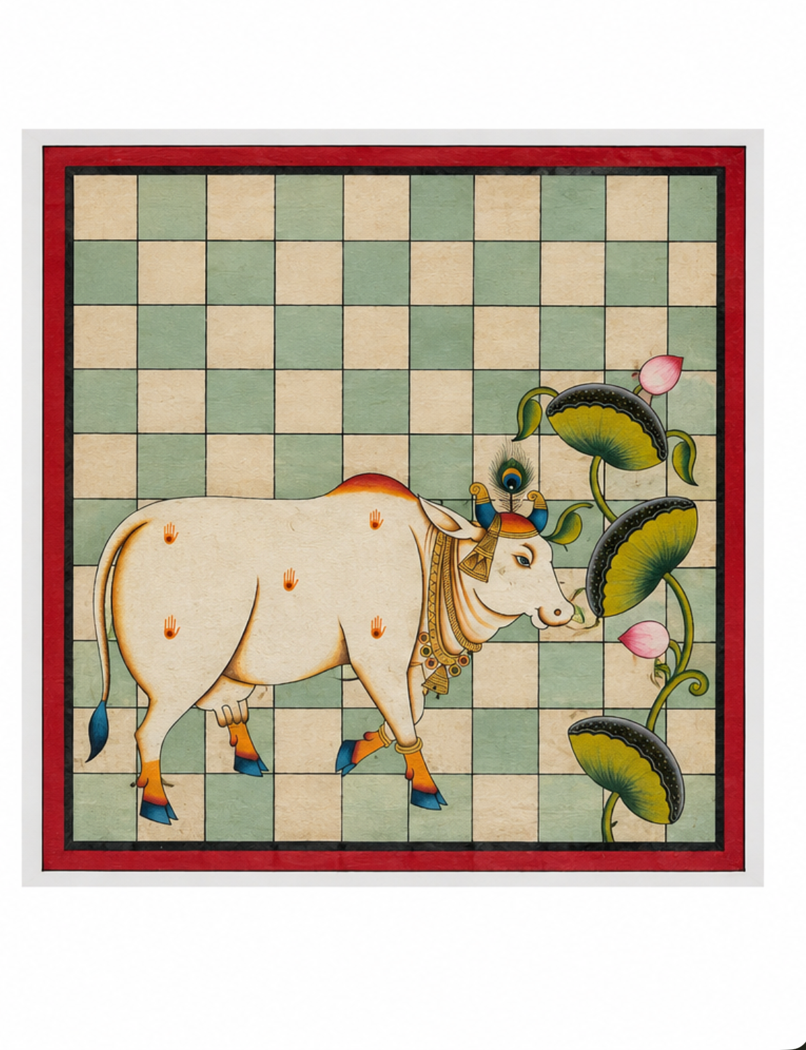 Born over four centuries ago in the temple town of Nathdwara, Rajasthan, Pichvai (from the Sanskrit pichh, "back," and wai, "hanging") are devotional paintings created to hang behind the idol of Shrinathji — Lord Krishna in his beloved child form. 
