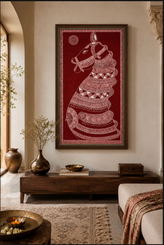 This piece is rooted in Aipan, the ritual folk art of Kumaon in Uttarakhand. For generations, women in the hills have drawn Aipan on floors, walls and doorways to welcome good fortune during festivals and ceremonies. Aipan art, Kumaoni folk art, Uttarakhand handmade wall art.