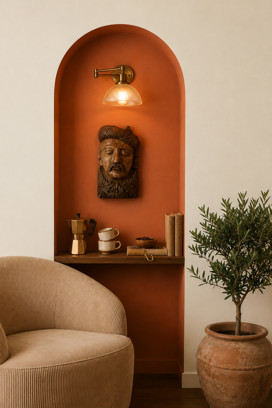 Carved from solid wood, the Veer Mukhā Wall Sculpture carries the regal presence of a bygone era. With its hand-detailed turban, mustache, and floral base, it reflects the strength and dignity of traditional Indian guardians often found in havelis and temples