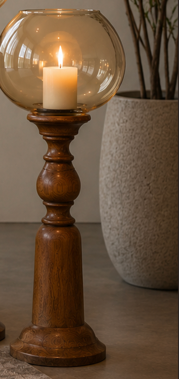 Turned wooden candle stands topped with hand-blown amber glass globes, designed to hold pillar candles at a graceful height. 
