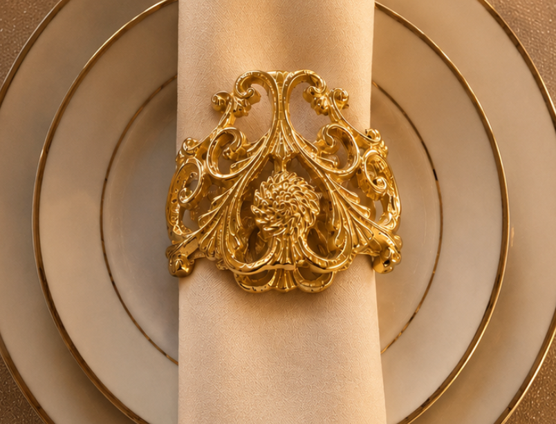 Intricately cast napkin rings in solid brass, featuring a scrolling filigree design with a rosette centerpiece reminiscent of antique heirloom detailing.