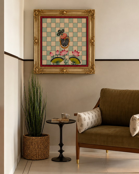 Born over four centuries ago in the temple town of Nathdwara, Rajasthan, Pichvai (from the Sanskrit pichh, "back," and wai, "hanging") are devotional paintings created to hang behind the idol of Shrinathji — Lord Krishna in his beloved child form. 