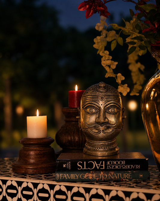 A commanding sculptural bust of Lord Shiva, cast in pure brass and finished by hand. 