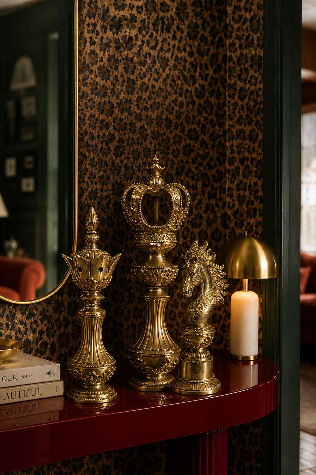 A sculptural set of oversized chess figures, cast in pure brass and finished by hand — the crowned King, the poised Bishop, and the spirited Knight, each rendered with intricate detail from the fluted columns to the ornate crown and flowing mane. 