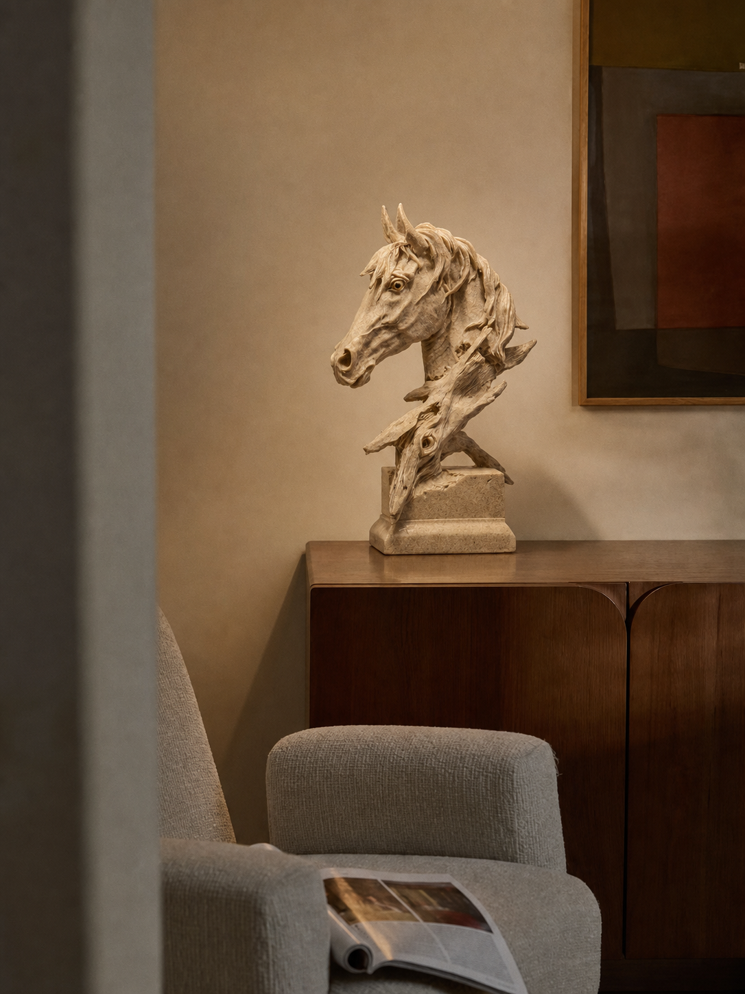 Hand-Carved Horse Sculpture A striking sculptural statement, this horse sculpture is crafted from resin and meticulously hand-carved to reveal its expressive, layered form. A Flowing mane, and textured organic details create a sense of movement and quiet drama. 
