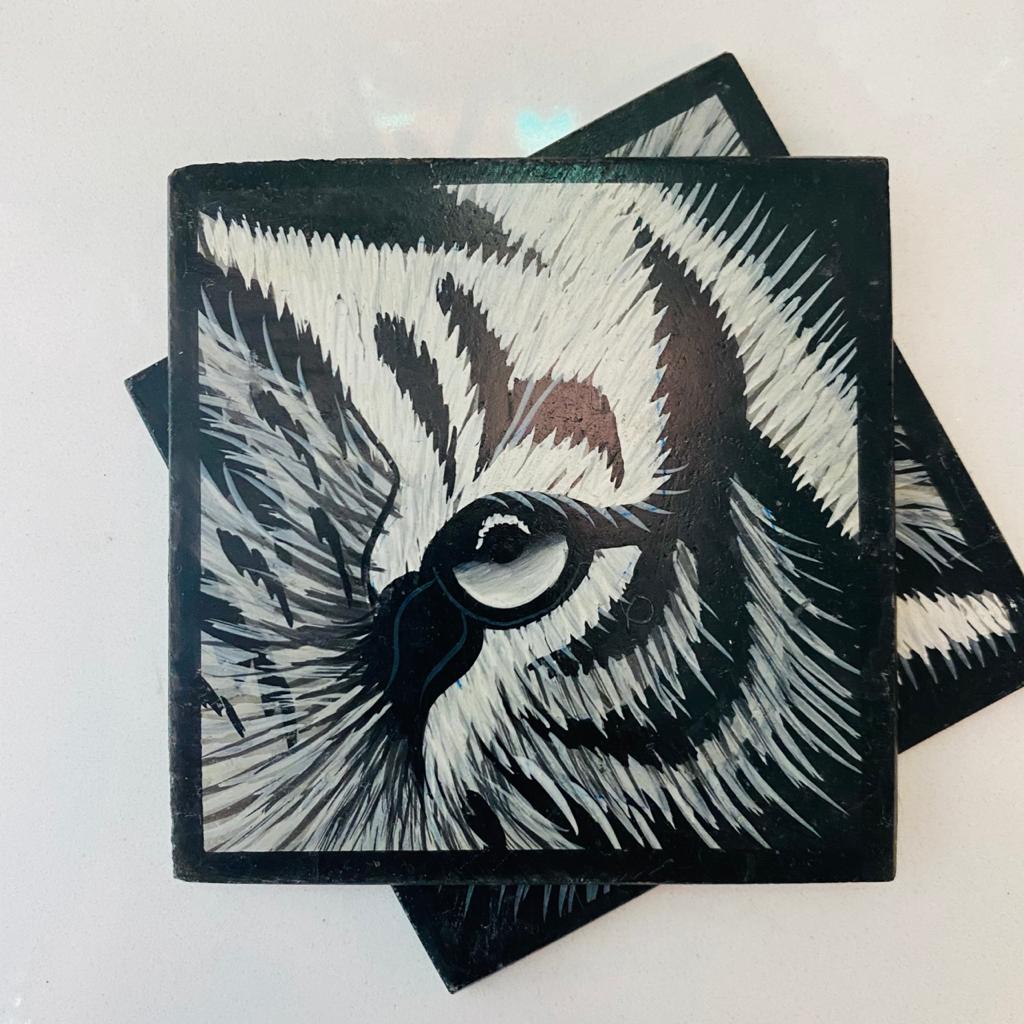 A Marble Coaster Set of 4, with handpainted detail of the close up of a tiger's eye, in black & White. 