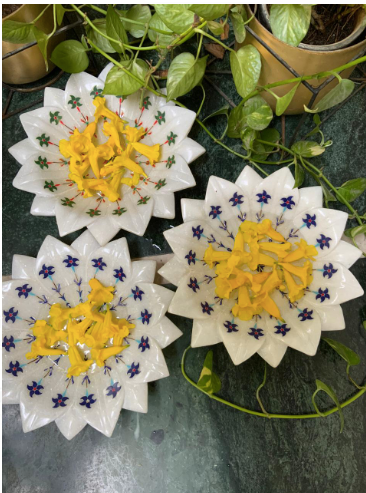 White & Yellow Marble Urli's With Colourful Nature Inspired Hand Painted Details Within. 