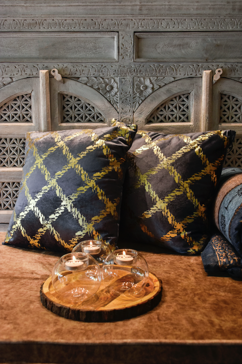 Appealing to the More Sultry Side Of you, our midnight cushion is a stunning piece made with cotton velvet, with gold zagged running throughout. 45 x 45 cm