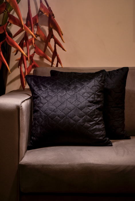 A Black Beauty made with , you guessed it, cotton velvet, with an asymmetric pattern within. 45 x 45 cm