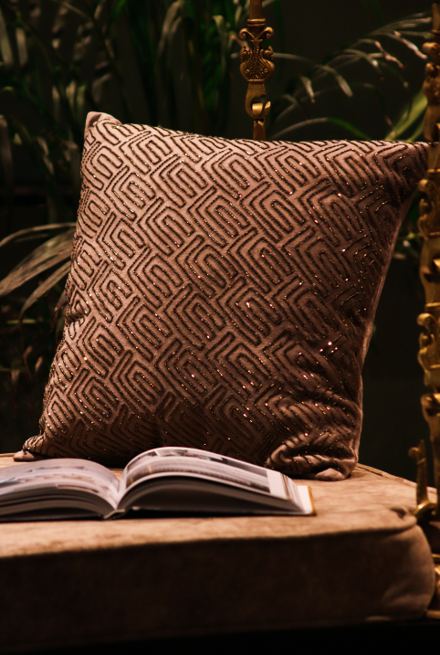 A Stunning Pale Brown Cushion With Intricately Hand-Beaded Details Sowed Onto To The Cotton Velvet Cushion. 45 x 45 cm