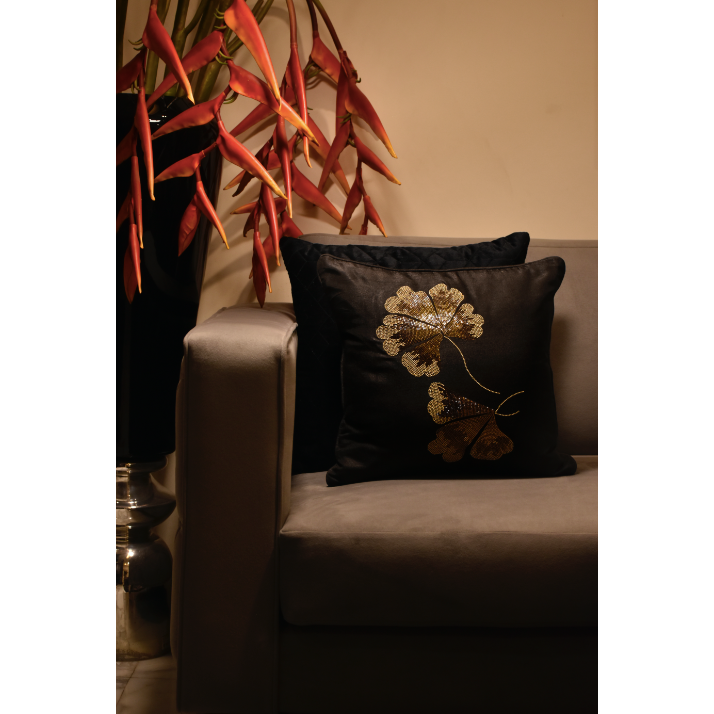 Vine Cushion Inspired By Nature, Designed with skill, this black Vine Cushion, made with cotton velvet with gold leaf details is a must have. 40 x 40 cm.