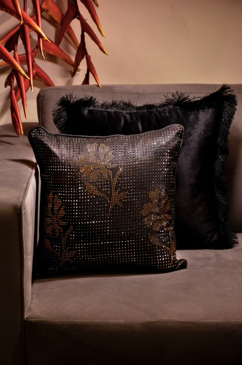 A Black Beauty, made with Cotton Velvet With Dotted Sequencing Covering the cushion, sporting floral designs. 40 x 40 cm