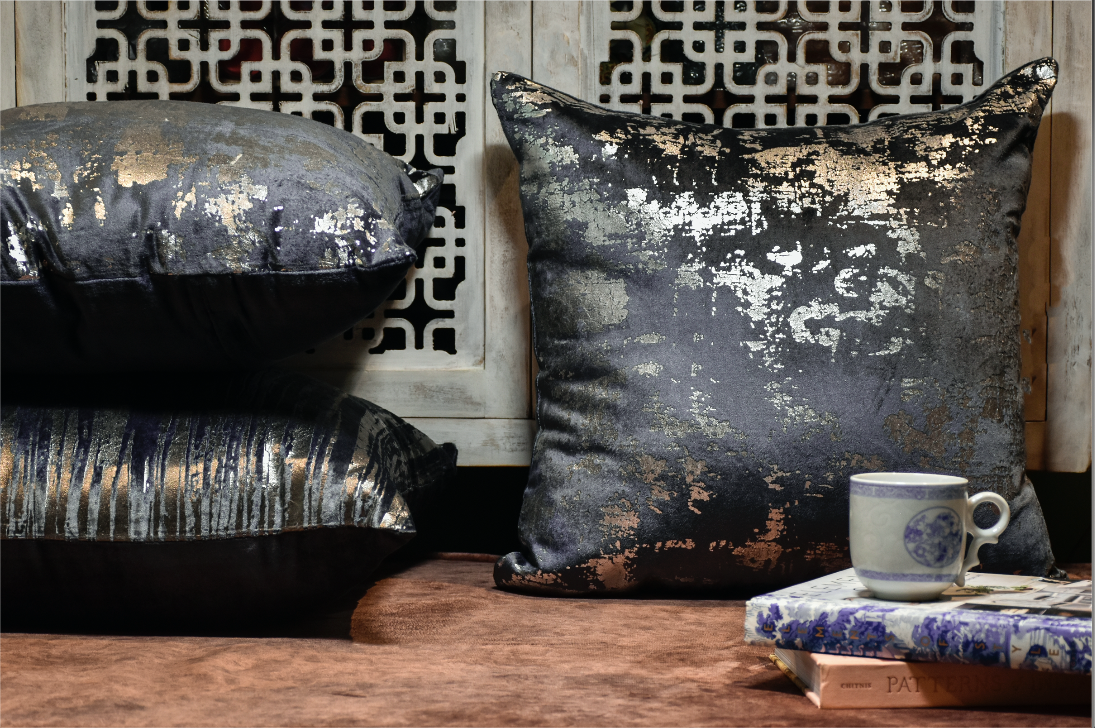 A NightBlue cushion with  mosaic like gold work on a cotton velvet base, 45 x 45 cm