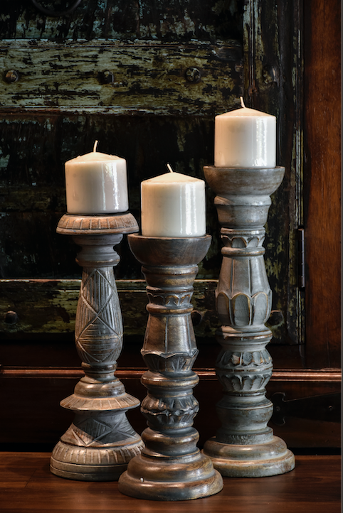 Grey Wooden Candle Stands, Hand Carved On Mango Wood, Sold As A Set Of 3.