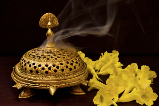 A Brass Round Dhoop Dani, Used to disperse the dhoop incense throughout the house/living space.