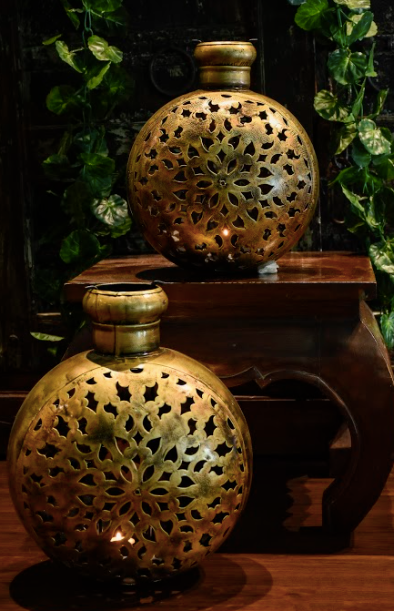 Brass Dome Jaali Lanterns Made of 100% Brass, These Brass Dome Lanterns have hand crafted jaali details, in a rustic brass finish, ideal for bot indoor and outdoor decor. 