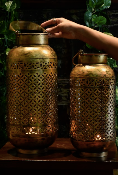 Brass Jaali Lanterns With Handle A Pair of 2 Beautiful jaali lanterns, made of 100% brass with a handcrafted jaali detail.