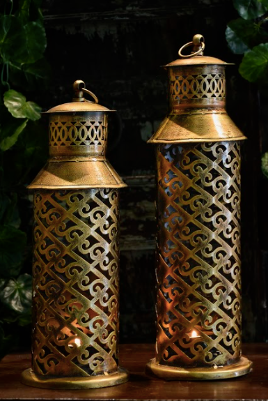 A Pair of 2 Tall Brass Jaali Lanterns, made with 100% Brass Are the perfect home decor accessory.