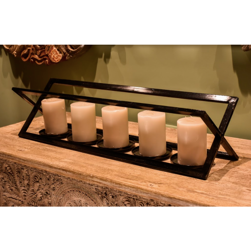 A Modern, beautiful candle stand, with an 'X' structure, made of Metal, with provisions given for 5 (five) Candle Holders, in a glossy black finish. 