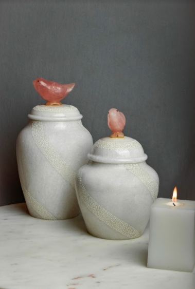 Made with white marble, the textured wave details, wrapped across both the pots along with the semi-precious bird detail on the top lid handle.
