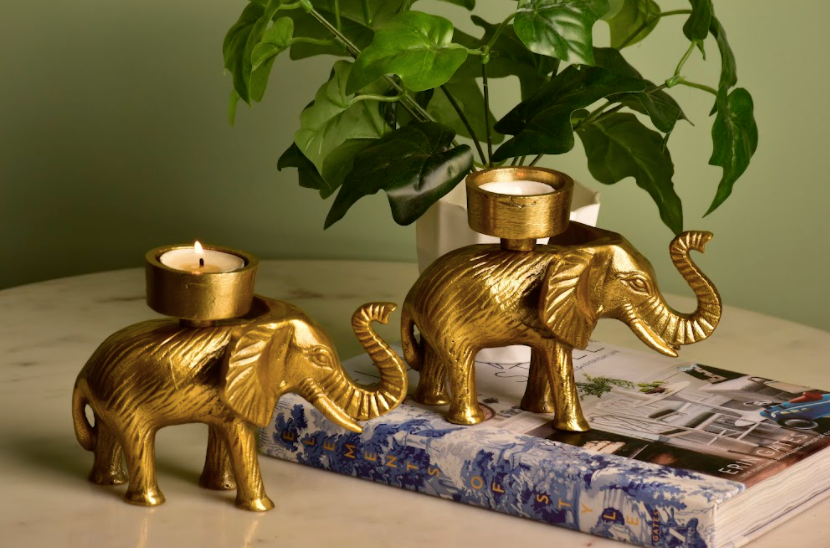 Small Tea Light Candle Holders Made With Brass In An Elephant's Image.