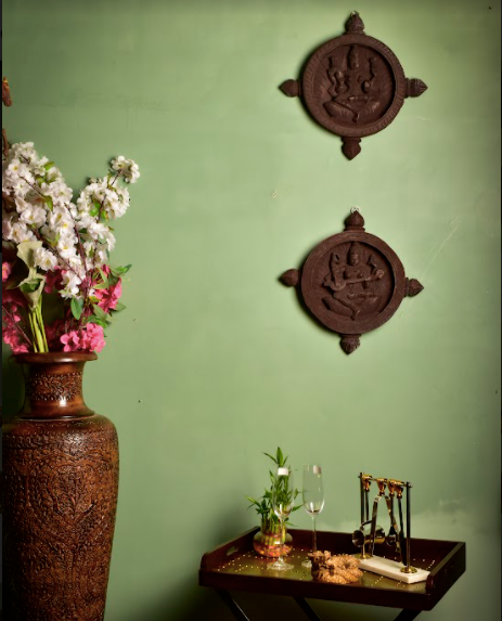 Wooden Wall Decorating Wheels Made in Mango Wood Depicting Goddess Laxmi & Saraswati
