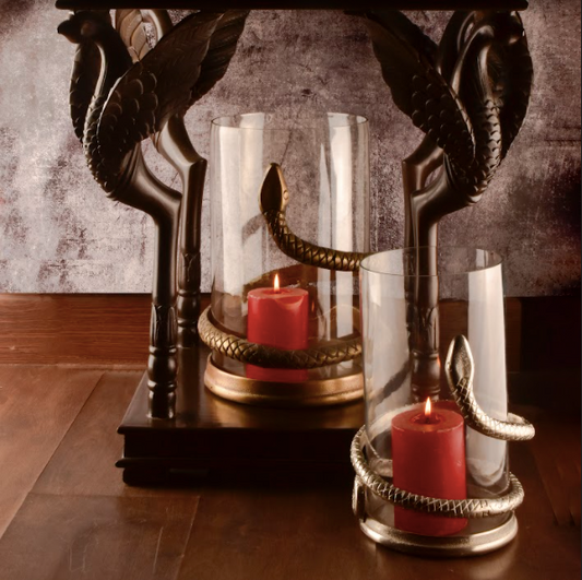 A Candle Stand Made With A Clear Glass Body Wrapped With A Snake Detail In A Rustic Silver & Gold Finish.