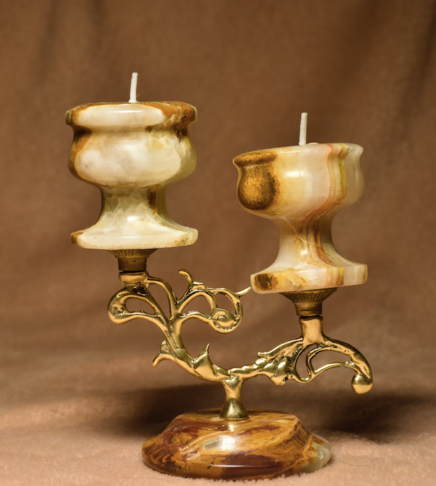 Onyx, Beautifully crafted Into These One Of A Kind Candle Stands. with Dual Candle Holder Mounted On A Brass Stem, Supported With A Onyx Base