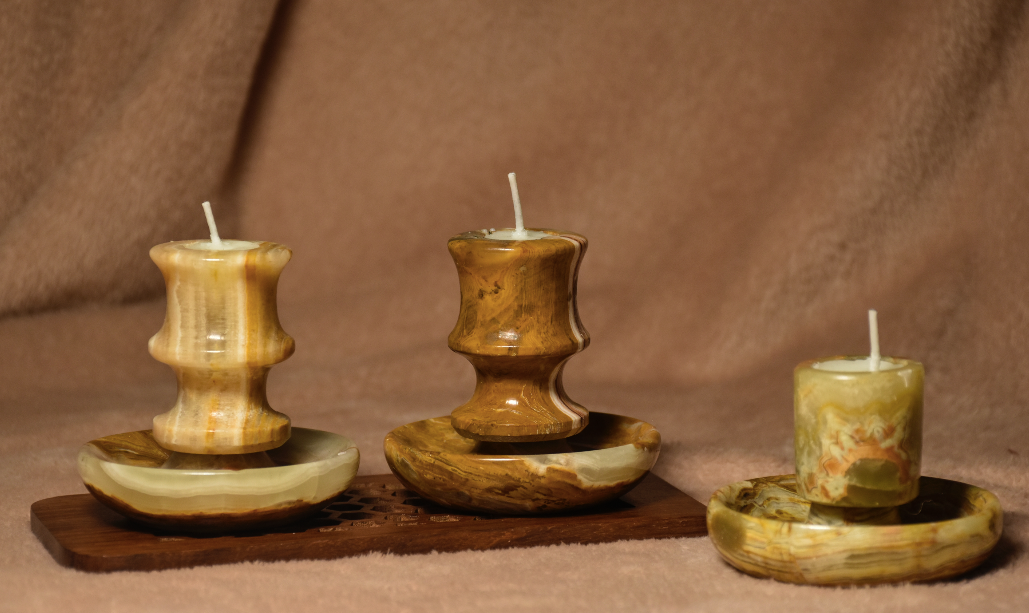 One Of The Most Revered Stones, Onyx, Beautifully crafted Into These One Of A Kind Candle holder With A Onyx Base.
