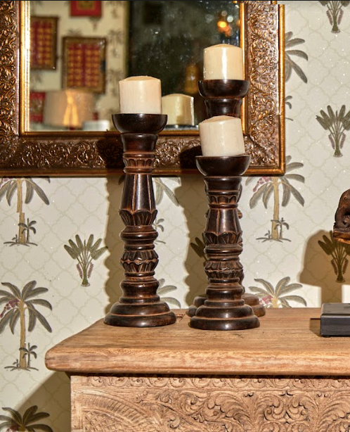 Dowdy Wooden Candle Stands, Hand Carved With Mango Wood In A Faded Finish, Sold As A Set Of 3