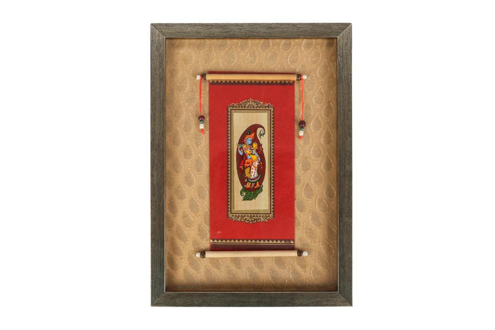 From the ancient art form of Orissa, Madhubani paintings are hand painted on a gold leaf base, rolled in form of an old letter and framed.