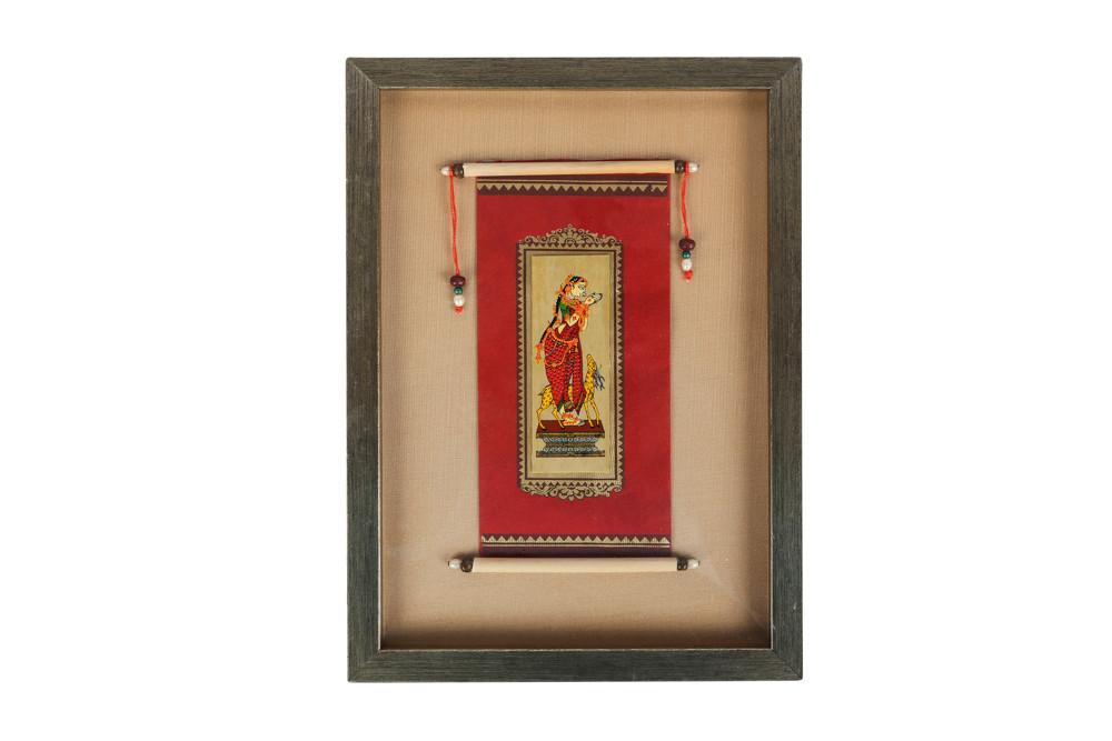 From the ancient art form of Orissa, Madhubani paintings are hand painted on a gold leaf base, rolled in form of an old letter and framed.