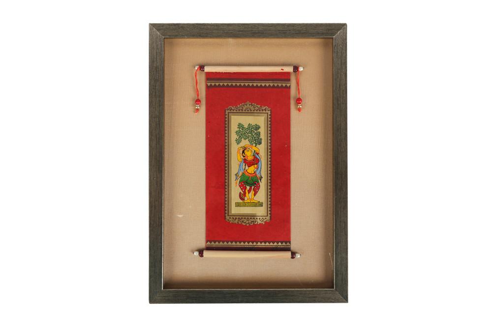 From the ancient art form of Orissa, Madhubani paintings are hand painted on a gold leaf base, rolled in form of an old letter and framed.