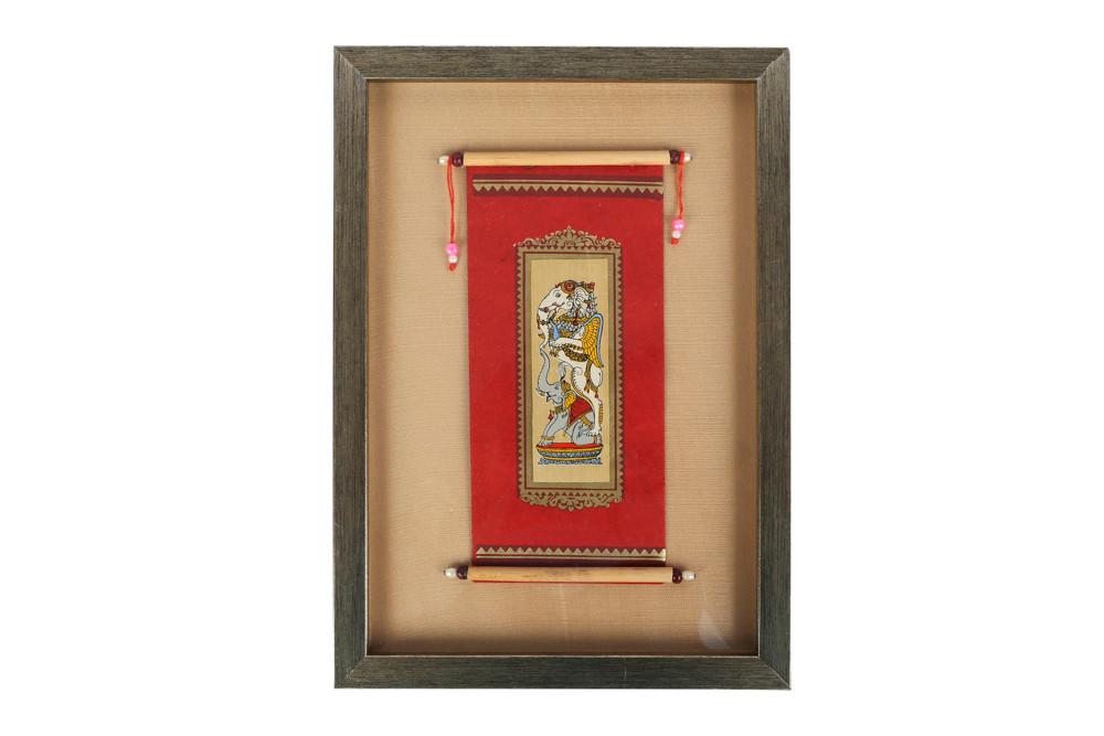 From the ancient art form of Orissa, Madhubani paintings are hand painted on a gold leaf base, rolled in form of an old letter and framed.
