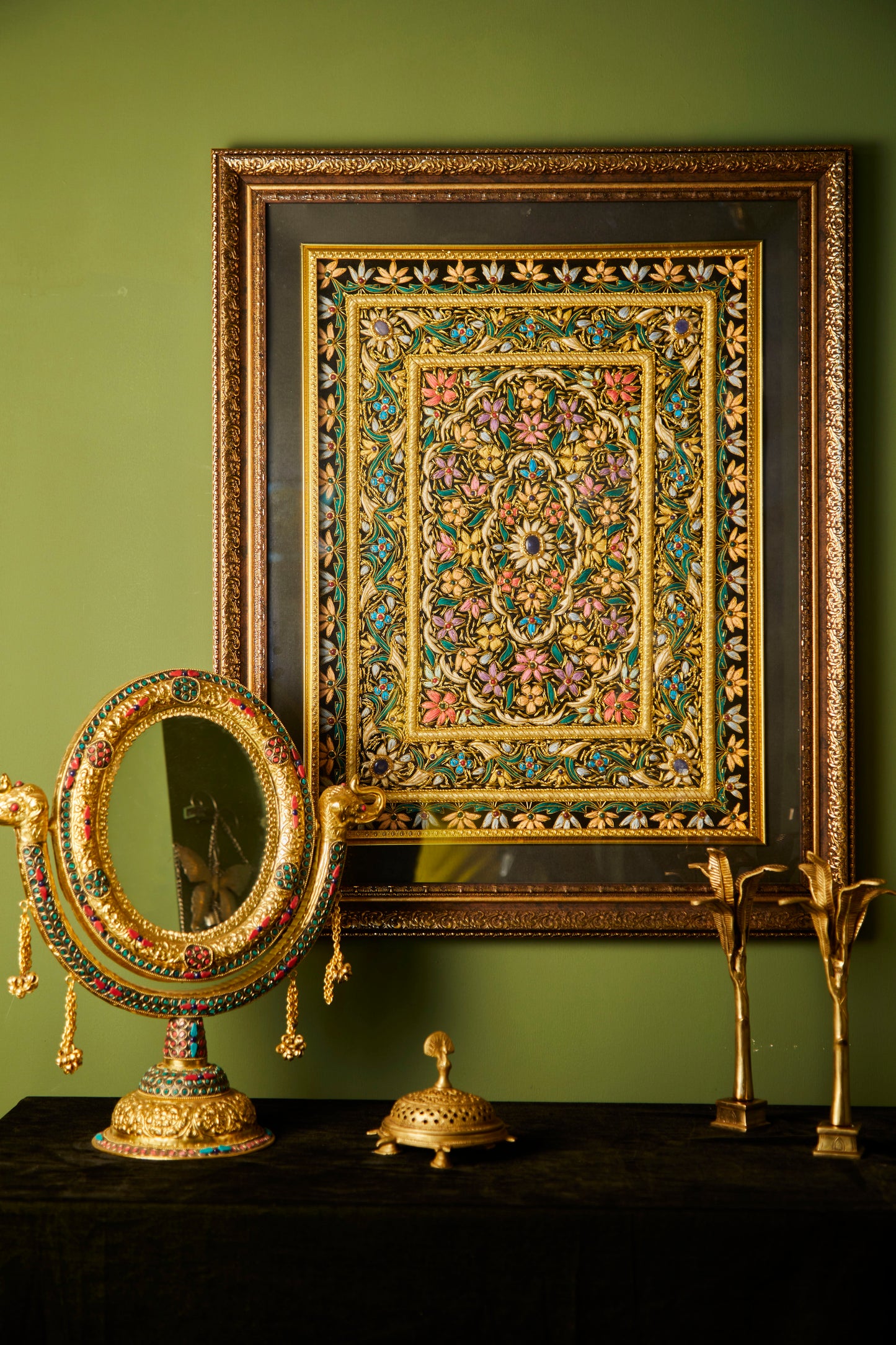 Zardozi Painting with Gold thread, Hand-Stitched On A silk Base, Frames In A Wooden Canvas. 
